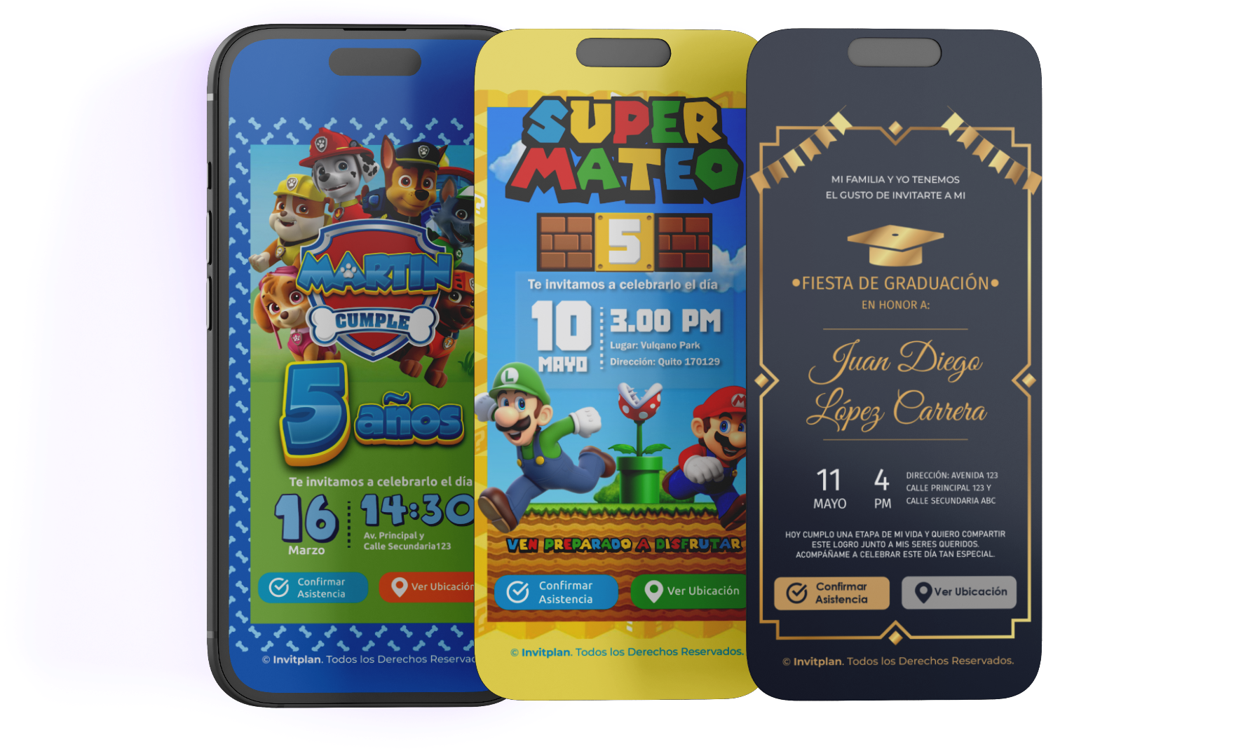 invitación digital de paw patrol para cumpleaños con música, botón de ubicación y botón de confirmación, invitación digital de mario bros para fiesta infantil con música, botón de ubicación y botón de confirmación, invitación digital para fiesta de graduación con música, botón de ubicación y botón de confirmación.