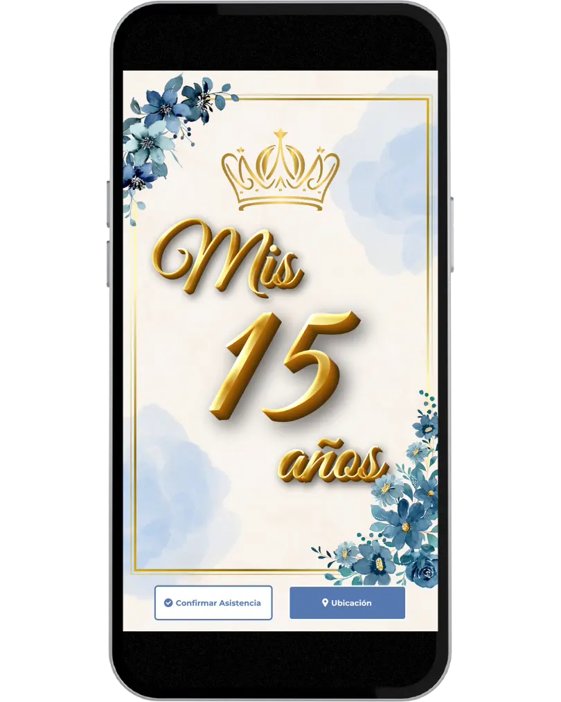 Invitación digital tipo video de 15 años con música, botón de ubicación y botón de confirmación.