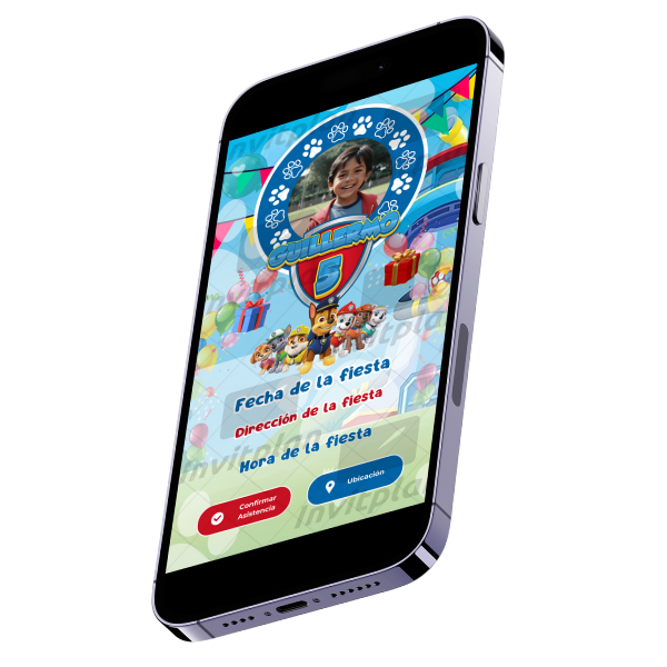 Invitación Digital Animada de PAW Patrol para Cumpleaños con música, link de ubicación y botón de confirmación a whatsapp.