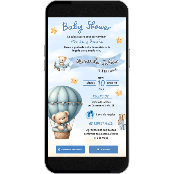 Invitación Digital Estático de Baby Shower - Osito Celeste para Baby Shower con música, link de ubicación y botón de confirmación a whatsapp.