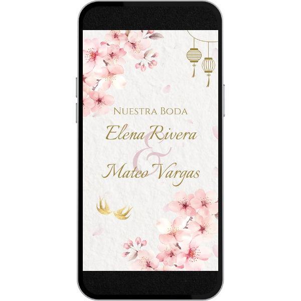Invitación Digital Web de Boda - Plantilla Sakura para Boda con música, link de ubicación y botón de confirmación a whatsapp.