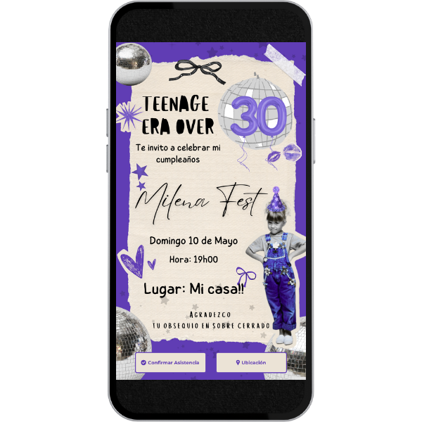 Invitación Digital Estático de Cumpleaños - Recortes Retro para Cumpleaños con música, link de ubicación y botón de confirmación a whatsapp.