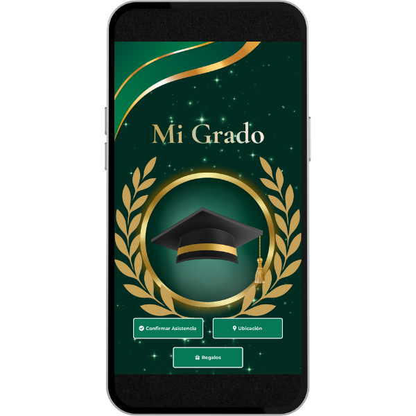 Invitación Digital Video de Graduación - Esmeralda y Dorado para Graduación con música, link de ubicación y botón de confirmación a whatsapp.