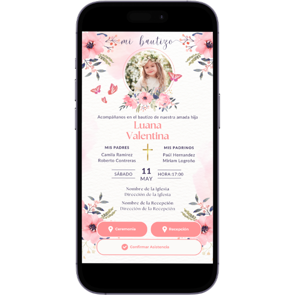 Invitación Digital Estática de Flores, mariposas y rosas para Bautizos con música, link de ubicación y botón de confirmación a whatsapp.