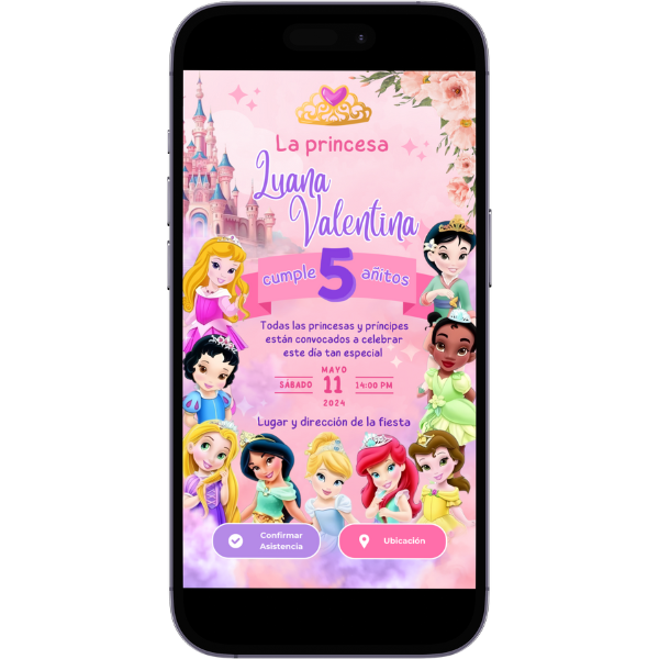 Invitación Digital Estática de Princesas Disney Bebés para Cumpleaños con música, link de ubicación y botón de confirmación a whatsapp.