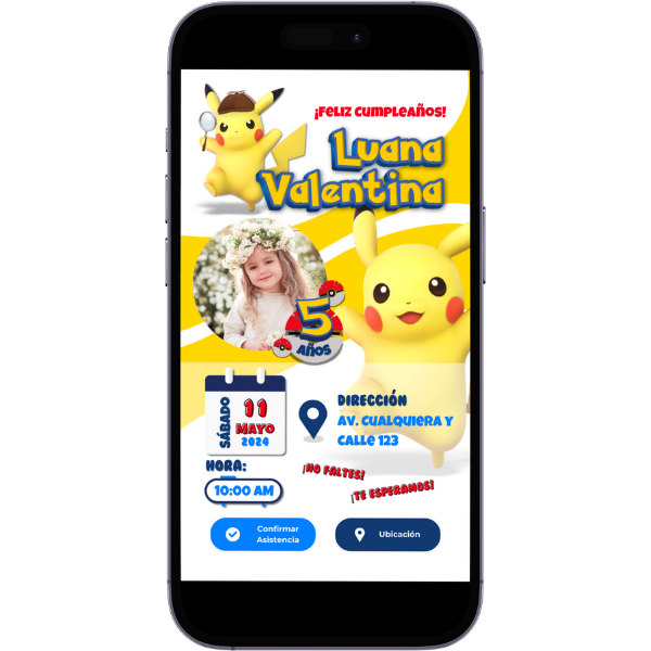 Invitación Digital Estática de Pikachu para Cumpleaños con música, link de ubicación y botón de confirmación a whatsapp.