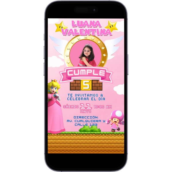 Invitación Digital Animada de Princesa Peach para Cumpleaños con música, link de ubicación y botón de confirmación a whatsapp.