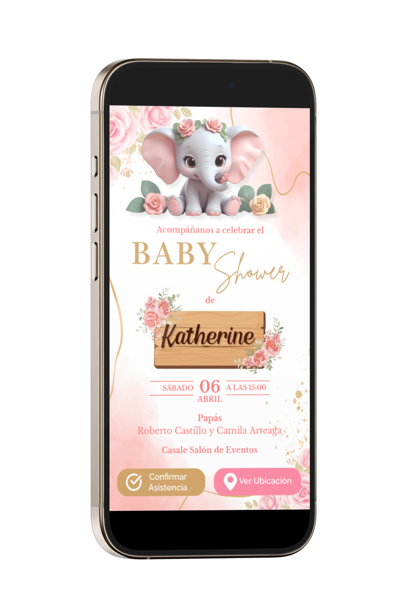 Invitación Digital Animada de Elefante para Baby Shower con música, link de ubicación y botón de confirmación a whatsapp.