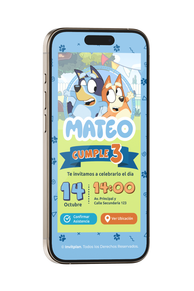 Invitación Digital Estática de Bluey para Cumpleaños con música, link de ubicación y botón de confirmación a whatsapp.