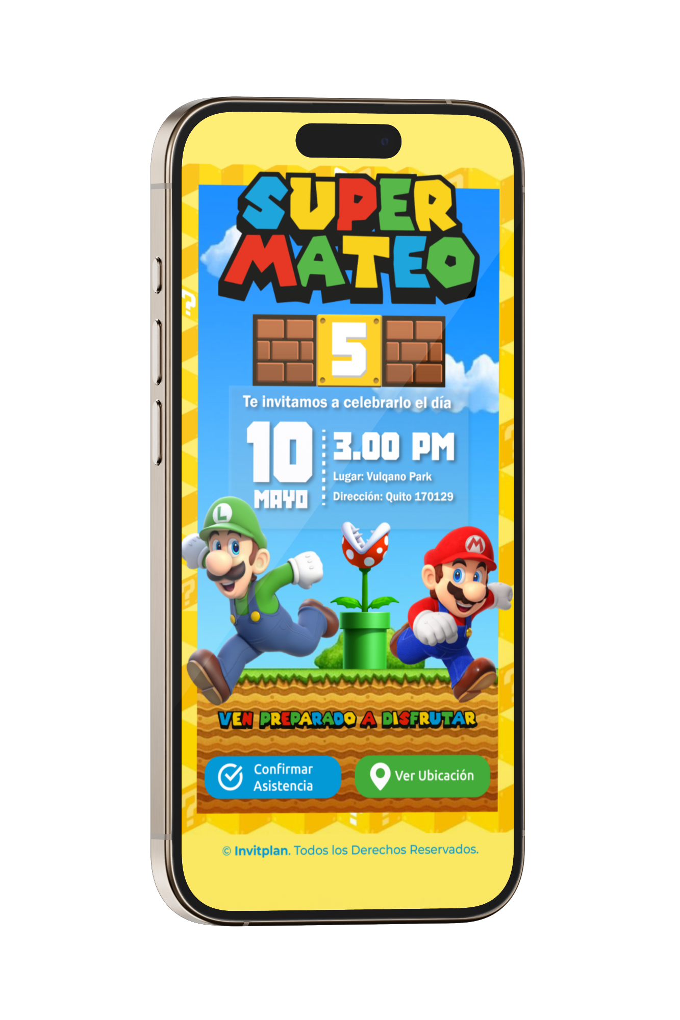 Invitación Digital Estática de Mario Bros para Cumpleaños con música, link de ubicación y botón de confirmación a whatsapp.