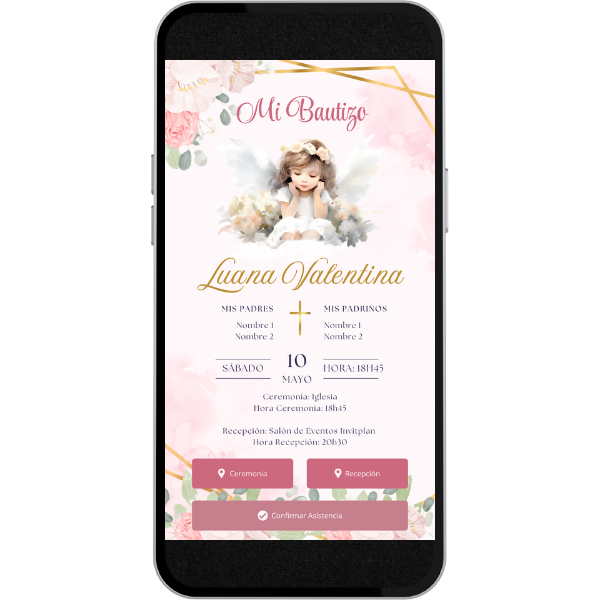 Invitación Digital Estático de Bautizo - Ángel y Rosas para Bautizo con música, link de ubicación y botón de confirmación a whatsapp.
