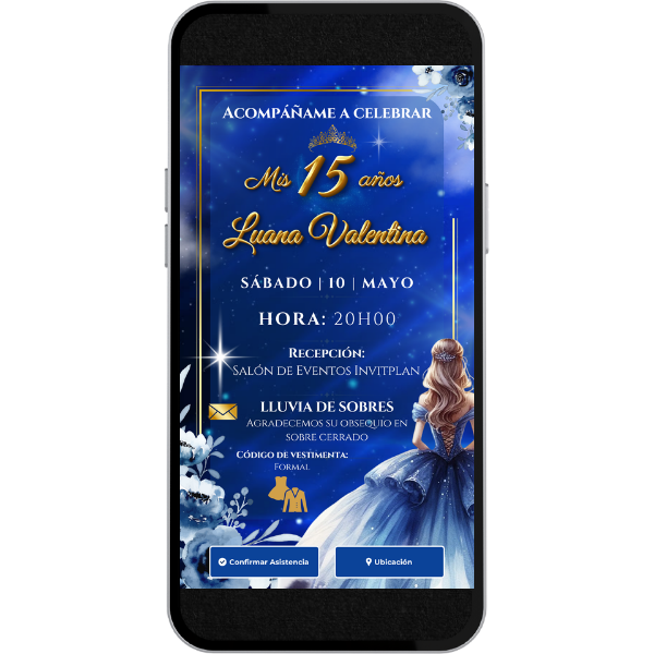 Invitación Digital Estático de Quince Años - Princesa Azul para XV Años con música, link de ubicación y botón de confirmación a whatsapp.